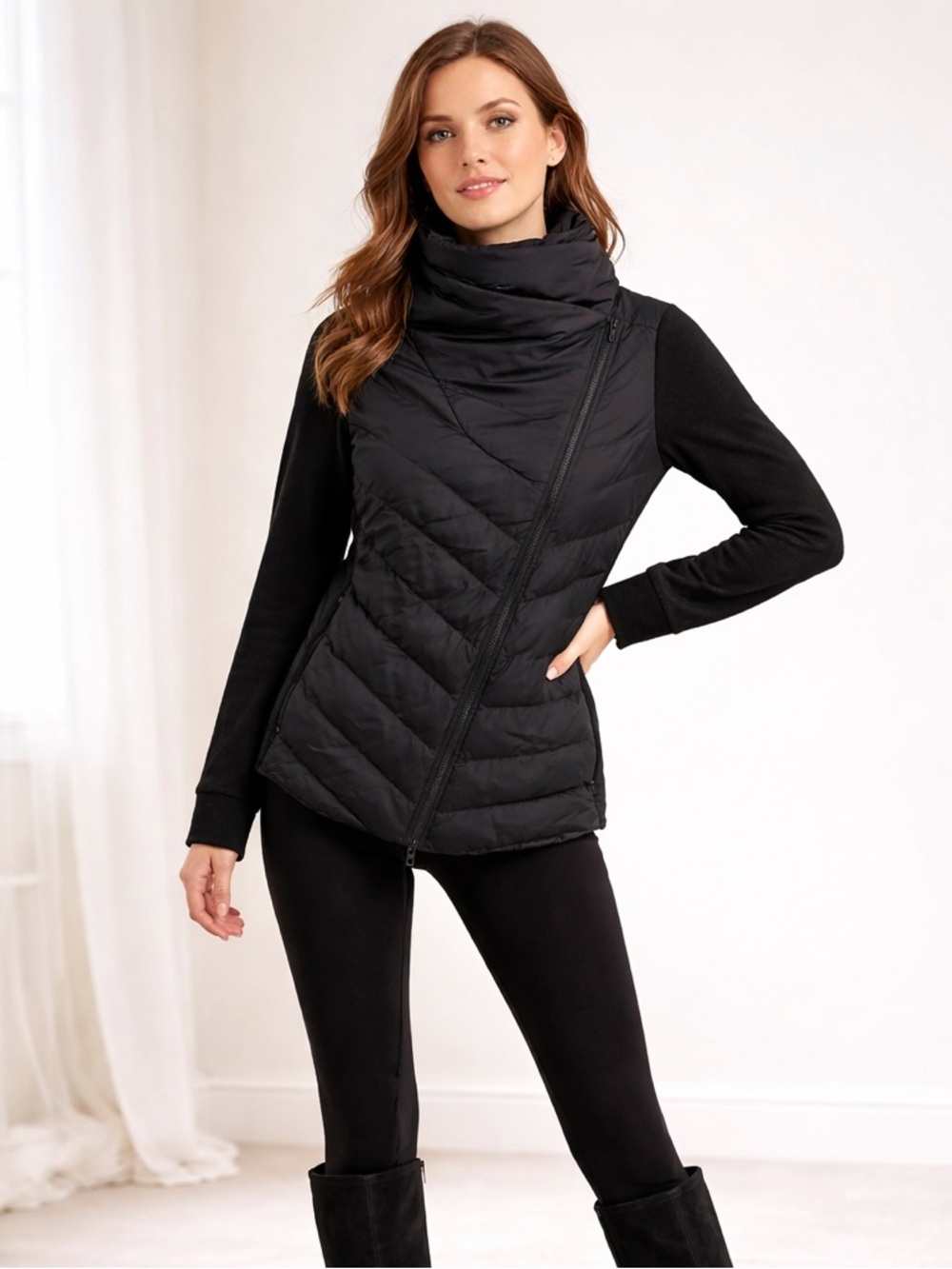 HYBA - Black Asymmetrical zipperFunnel Neck puffer jacket Mixed Media